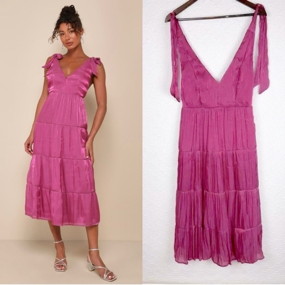 Lulus Dresses & Skirts - NWOT Lulus Exemplary Shine Magenta Organza Tie-Strap Tiered Midi Dress